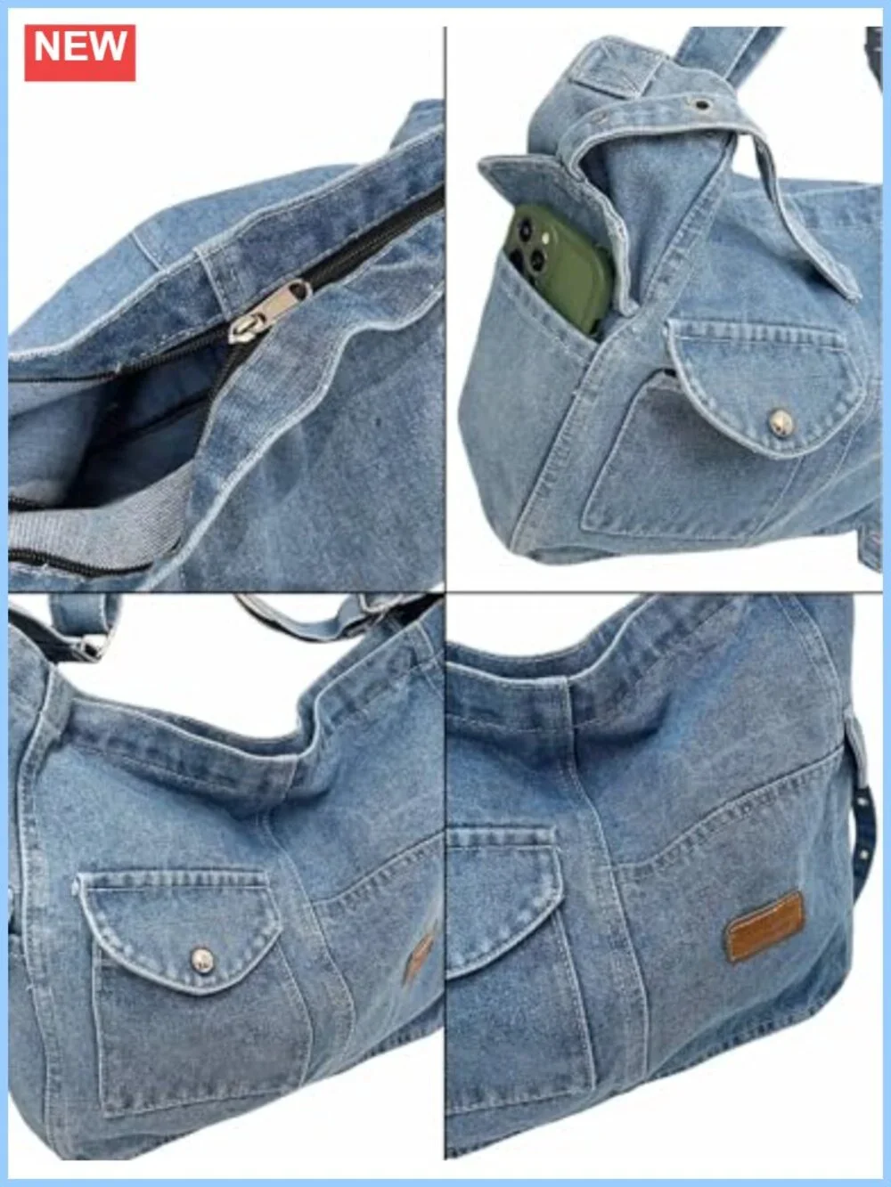 Denim Hobo Bag Crossbody Purse Multi-Pocket Adjustable Strap Lightweight